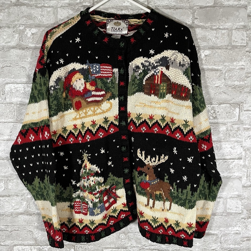 Tiara International Christmas Holiday cardigan Santa American Flag Tree Sz XL